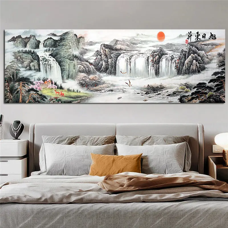 

Modern Chinese style rising sun waterfall canvas painting poster and print wall art picture for home decoration Cuadors Unframed