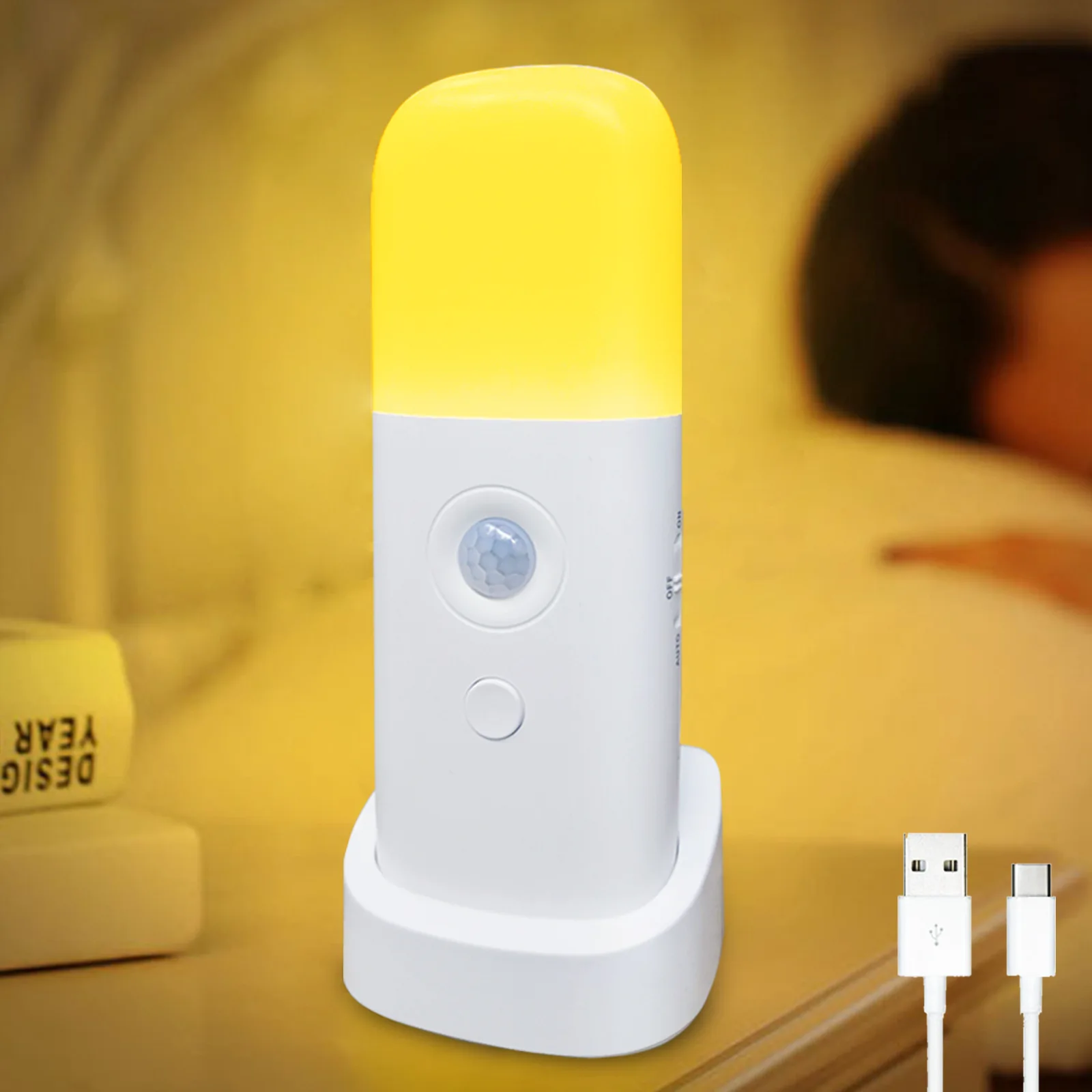 Bedside Motion Sensor Night Light, USB Rechargeable Table LED Light, 5 Levels Dimmable Cordless Night Lamp for Bathroom Bedroom