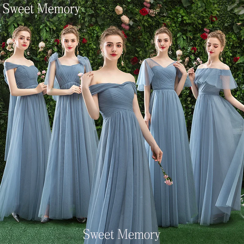 Custom Made Elegant Dusty Blue Bridesmaid Dresses Women Vestidos A-Line Tulle Party Gowns For Wedding Guest Dress Long