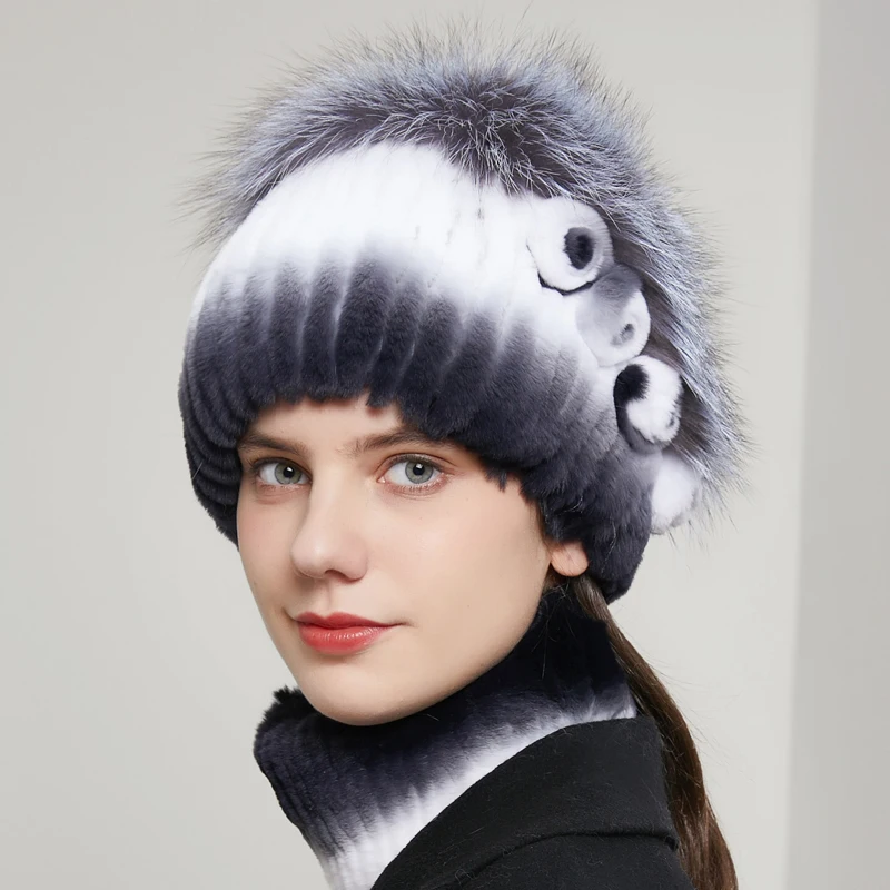 Women's Real Rex Rabbit Fur Hat Winter Rex Rabbit Hairy Peas Striped Top Flower Real Fox Fur Warm Ear Protection Knitted cap