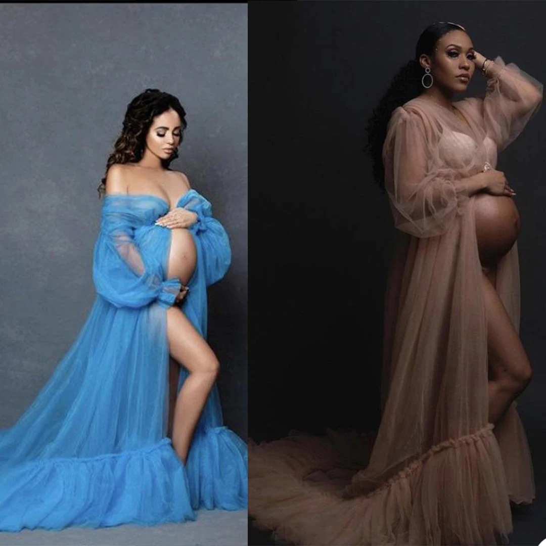 

Sexy Maternity Robe Nightwear Ruffles Long Sleeve Elegant Pregnant Women For Photo Party Nightgown Lingerie Pajamas
