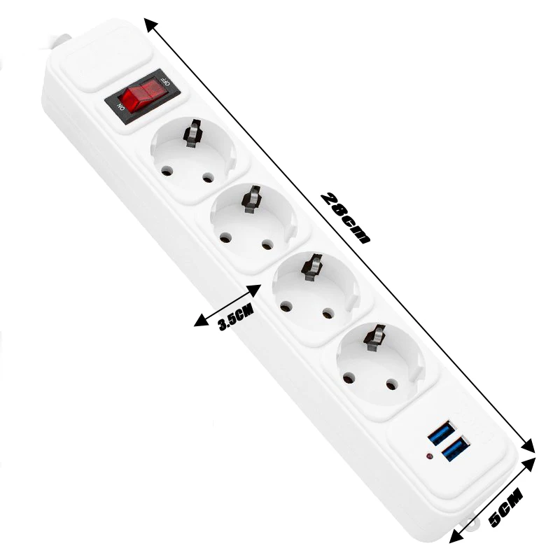 Network Filter 10A 2500W  Power Strip Switch EU Plug Sockets With 2M Extension Cord Surge Protector 2 USB Charging 4 AC Outlets