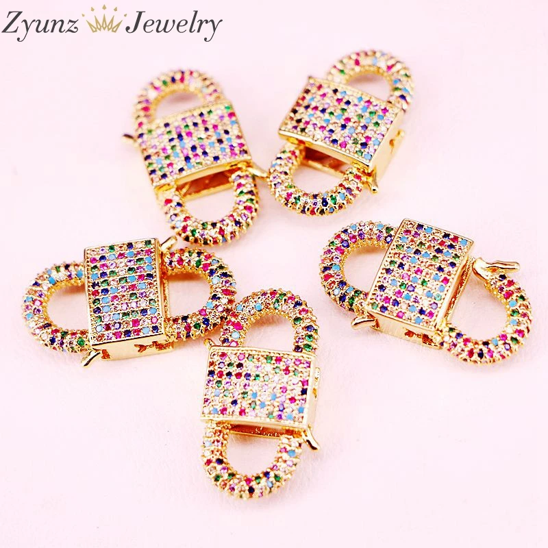 6PCS, Gold Color Rainbow CZ Clasp Component Metal Clasp Lock Shape Jewelry Findings