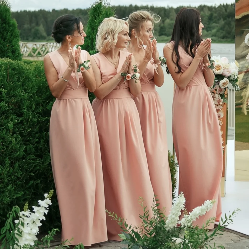 

Dusty Pink Simple Formal Wedding Bridesmaid V-Neck Tank Pleat Dress Floor Length Long Evening Party Robe Gown Tailor-Made New