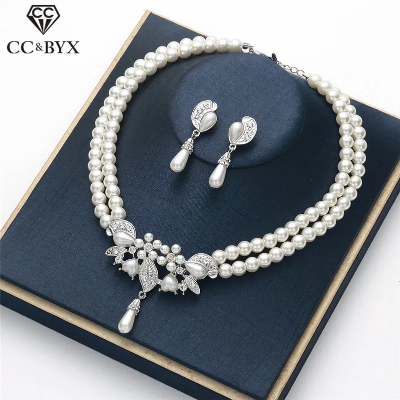 CC Fashion Jewelry Sets Necklace Drop Earring 2pcs Imitation Pearls Luxury Wedding Accessories for Women Beidal Party Gift D009