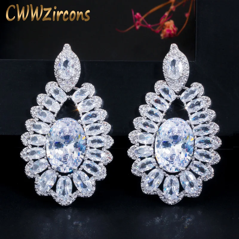 CWWZircons Sparkling Oval CZ White Crystal Silver Color Big Dangle Drop Earrings for Women Evening Dinner Party Jewelry CZ638