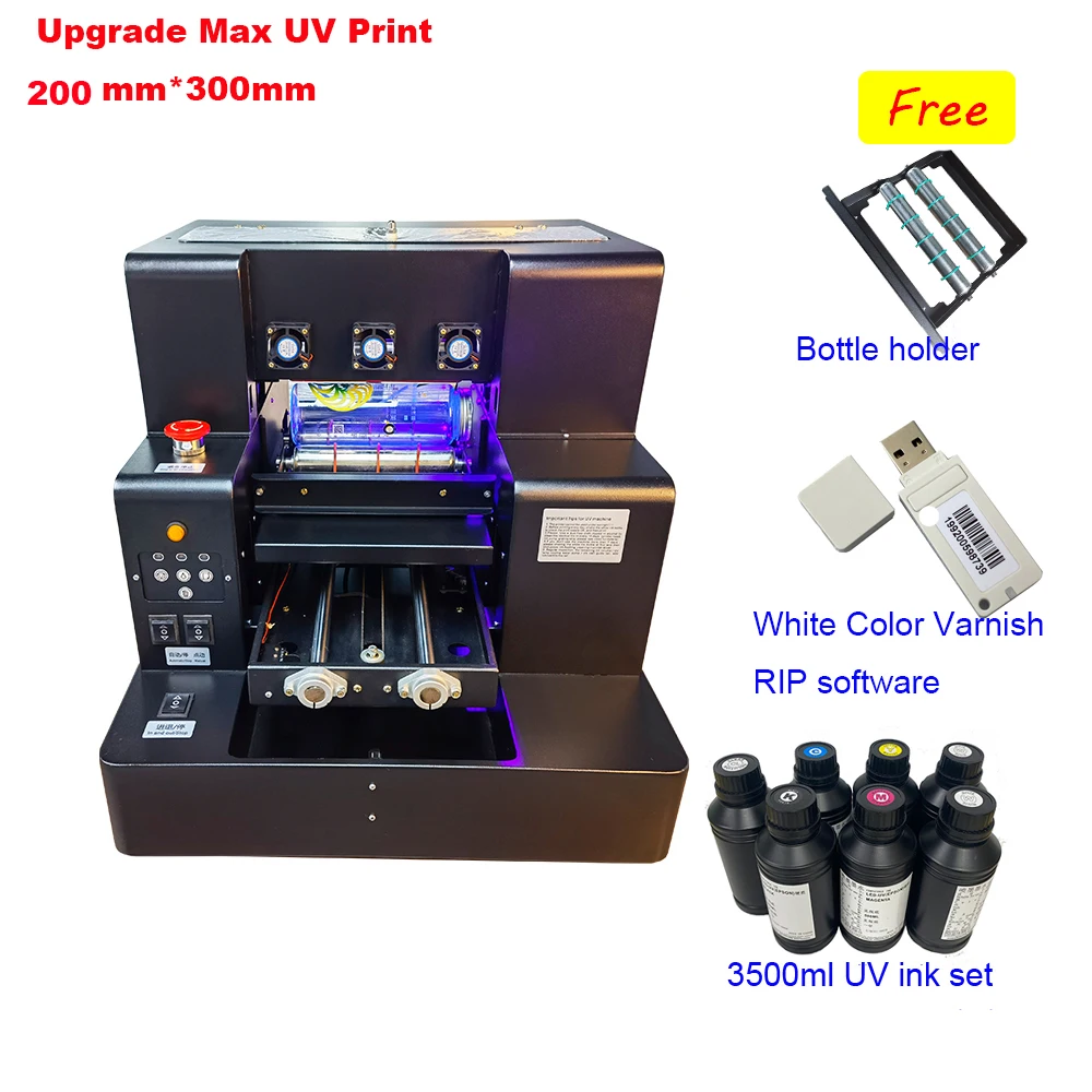 A2030 varnish UV printer a4 with 3500ml varnish UV ink set print Phone Case PVC card leather acrylic glass metal Tshirt etc