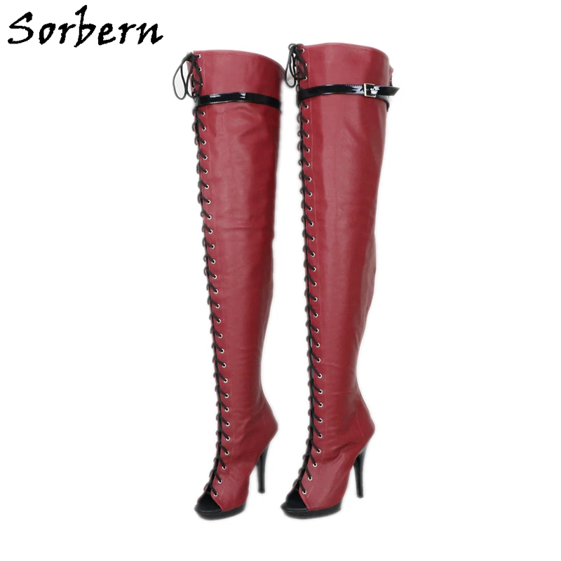 

Sorbern Customized Wide Fit Boots 13Cm Heels Wine Red Matt Open Toe Lace Up Mid Thigh High Boots Women Over The Knee Unisex