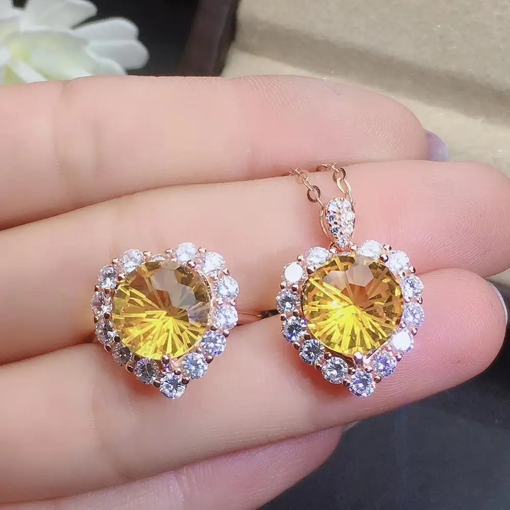 Kjjeaxcmy Fine Perhiasan Citrine 925 Sterling Silver Wanita Liontin Kalung Rantai Cincin Set Populer