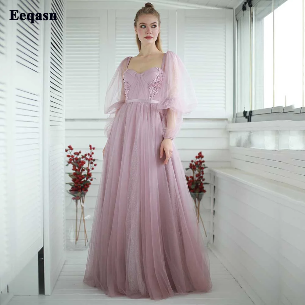 Eeqasn Erröten Rosa Glitter Tüll Strand Abend Party Kleider Spitze Volle Ärmeln Prom Kleider Formale Frauen Event GownsCelebrity Kleid