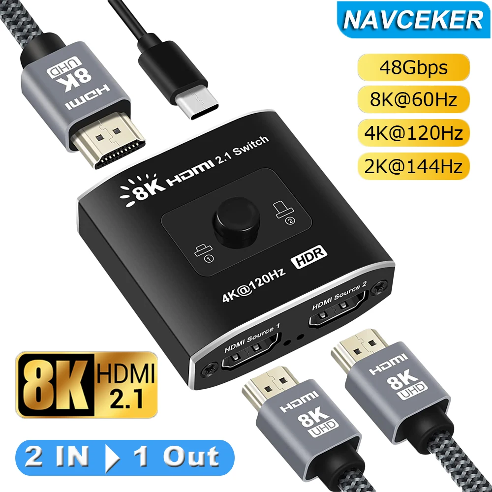 

2024 Switcher HDMI 2.1-compatible 2 in 1 out Ultra 48Gbps 8K@60Hz 4K@120Hz Switch adapter With switch button For HDTV Projector