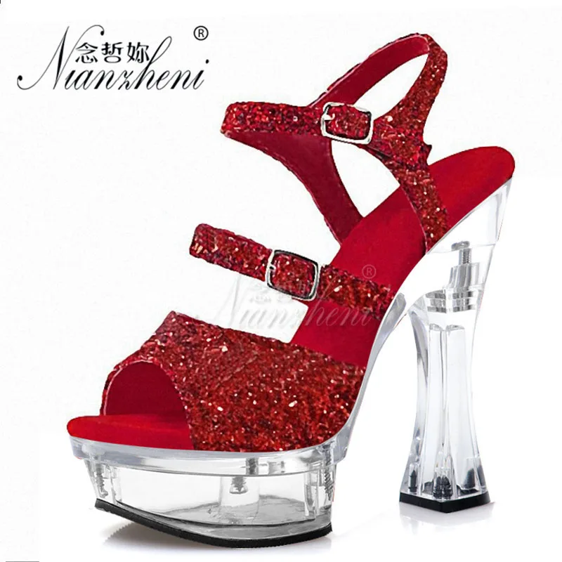 Red Bride Wedding Flash powder Bling 6 inch Super High heeled shoes Nightclub Pole dancing Show Big Size Sexy Fetish Mature 14cm