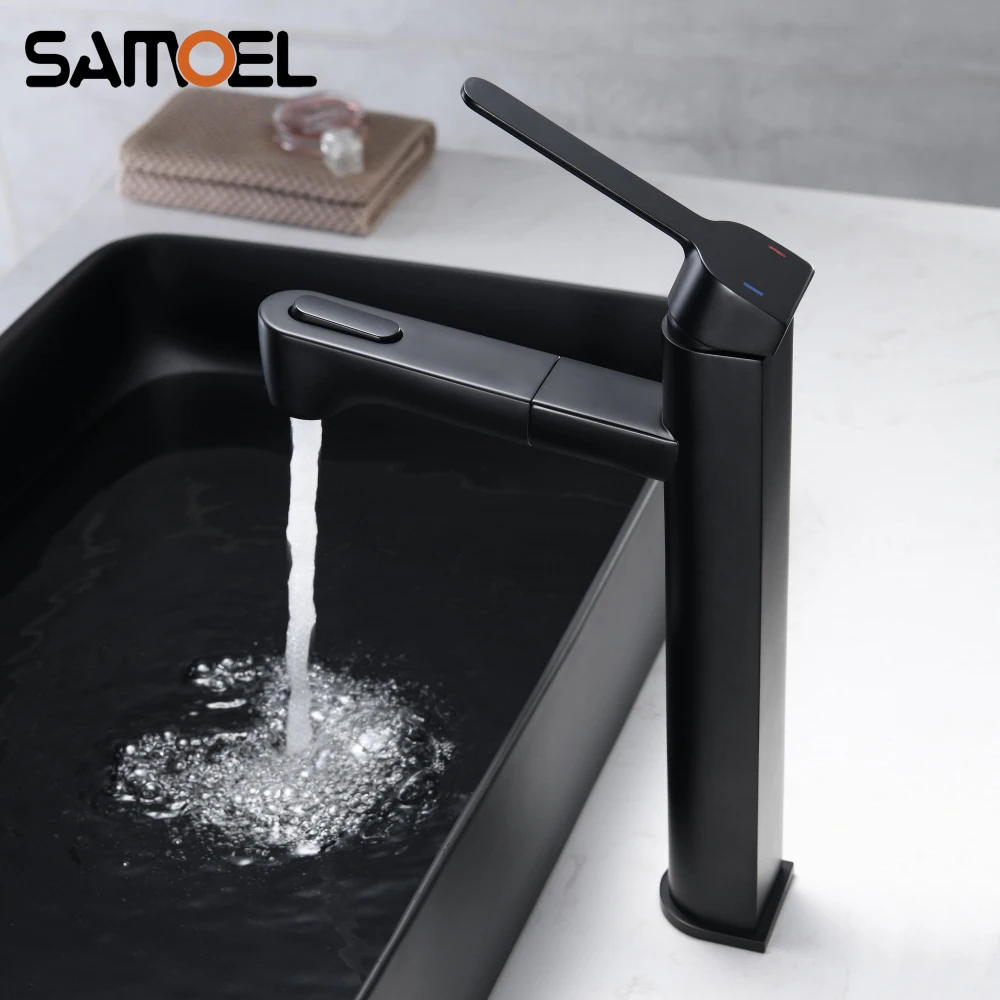 

2020 New Brass Matte Black Bathroom Faucet Deck-Mounted Single-Hole Pull out Lavatory Faucet Hot And Cold Mixer Tap B3389