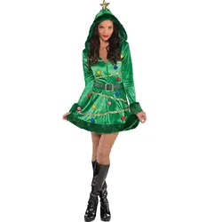 New Years Christmas Tree Costumes Dress for Women  Fancy Green Long Sleeve Hooded Dress with Belt and Sexy Party Cosplay Clothes