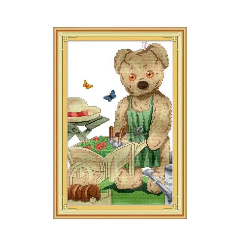 Gardening bear cross stitch kit aida 14ct 11ct count print canvas cross stitches   needlework embroidery DIY handmade