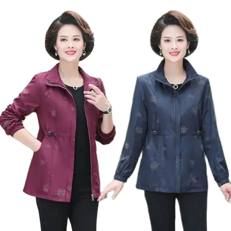 2022 Spring Autumn New Middle-aged Mother Printing Long Sleeve Female Coat Fashion Drawstring Zipper Loose Ladies Jacket