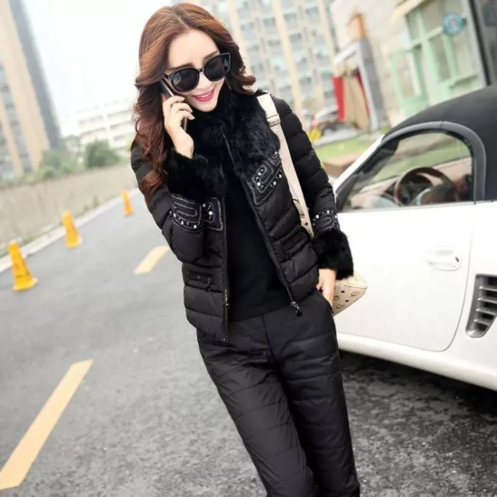 Real Rabbit Fur Down Cotton Three-piece Suit Women\'s Winter 2021 New Fashion Vest Thickened High-end Cotton Padded Warm Trousers