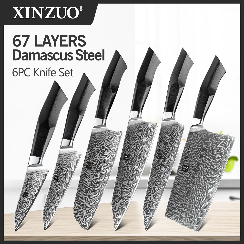 XINZUO 6PCS Knives Sets Damascus Steel Natural Pattern Chef Knife Sharp Cleaver Slicing Utility Knives Tool Kitchen Accessories