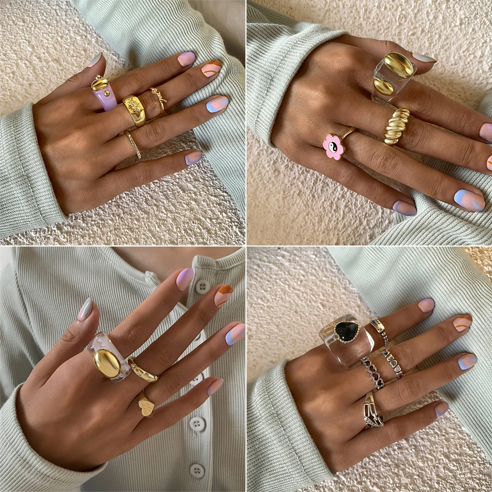 Cosysail New Ins Aesthetic Colorful Transparent Resin Acrylic Rings Set for Women Geometric Irregular Square Ring Jewelry 2023