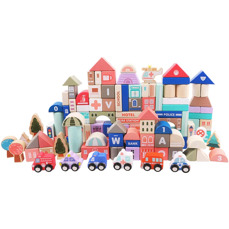 

Children's Educational Toys 115 Large Wooden Building Blocks for Urban Construction In Macaroon