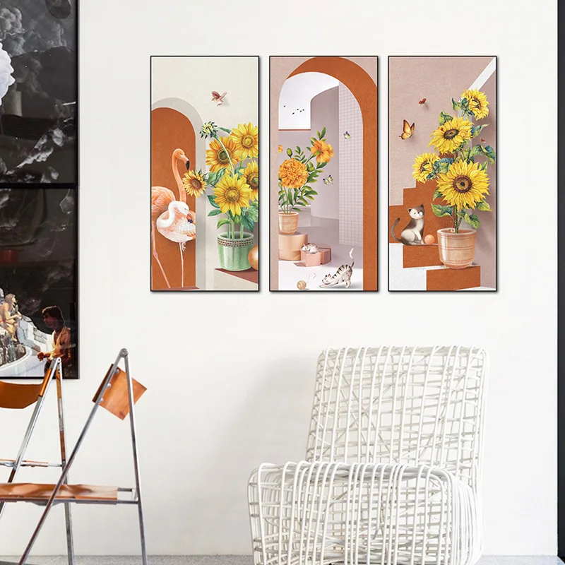 

Pastoral Style Sunflower Triptych Wall Sticker Living Room Sofa Background Decoration Deals Bedroom Decor Beautify Home Mural