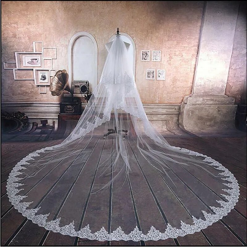 Wit Ivoor Kathedraal Bruiloft Sluier Lange Lace Edge Bridal Veils Kam Veli Twee Lagen Wo Sluier Blusher Sluier Bruiloft Accessoires