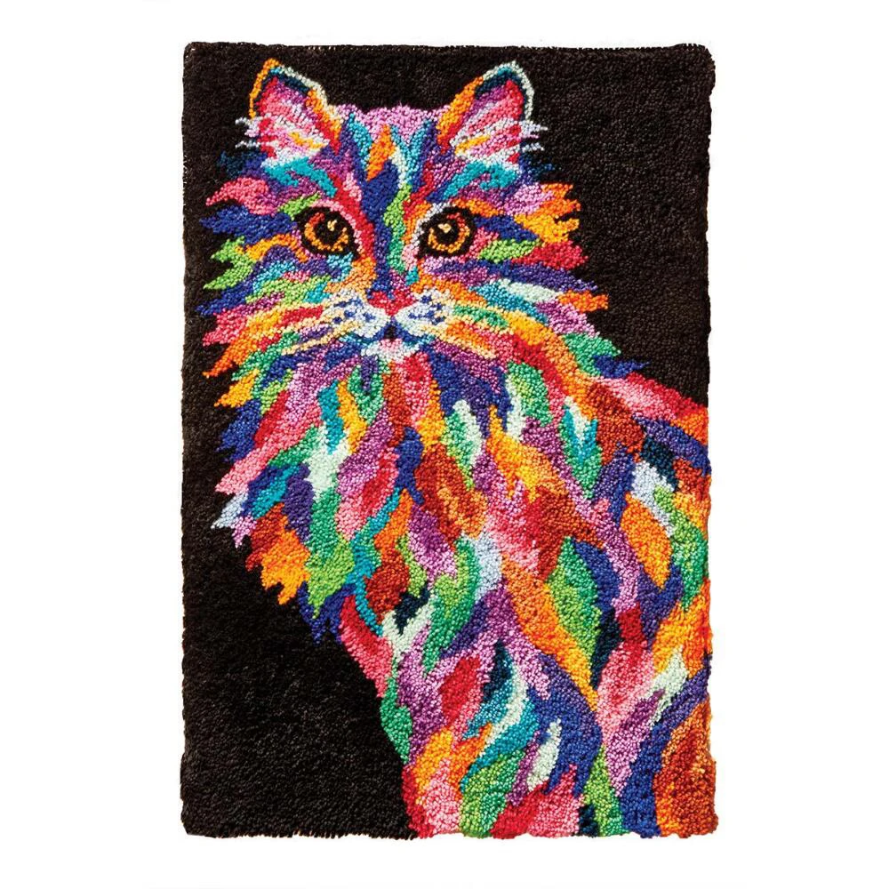 

Latch Hook Rug Kit for Adults Colorful Cat Pattern Printed Canvas DIY Rug Crochet Yarn Kits, Embroidery Decoration Gift for Kids