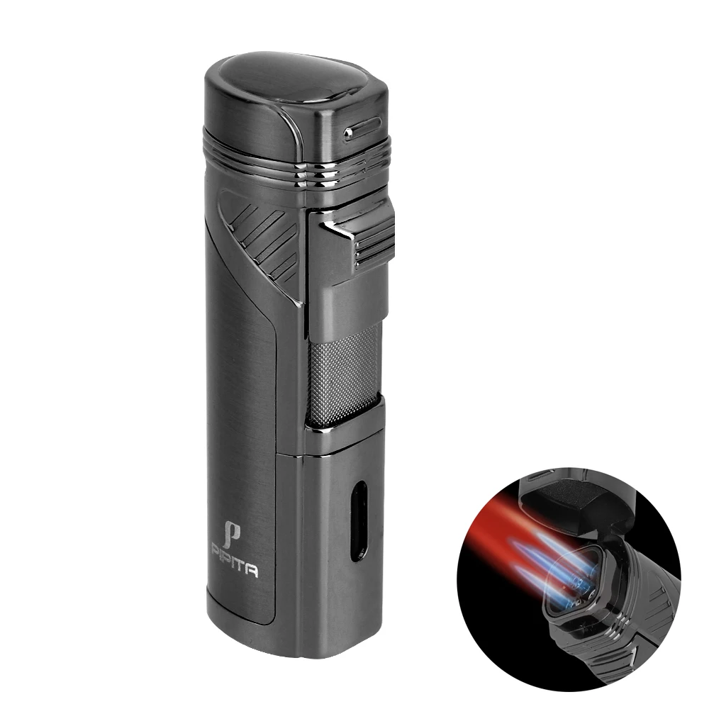 PIPITA Cigar Lighter with Punch, Windproof Butane Gas 4 Torch Jet Red Flame Metal Cigar Lighter Refillable Cigarette Lighter