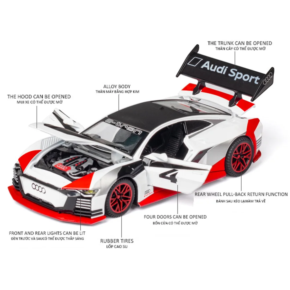 1/32 BBA odlew ze stopu Model samochodu zabawka E-TRON VISION GT pojazdy 4 drzwi otwarte ze światłem i wycofać zabawki dla dzieci prezenty dla dzieci
