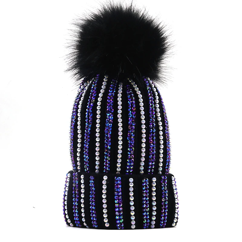 Brand luxury Women\'s Pom Pom Pearl Beanie Hat Spring Casual Polyester Shine Rhinestones Beanies For Women Skull Hats Bonnet Cap