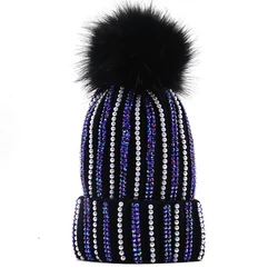 Brand luxury Women's Pom Pom Pearl Beanie Hat Spring Casual Polyester Shine Rhinestones Beanies For Women Skull Hats Bonnet Cap