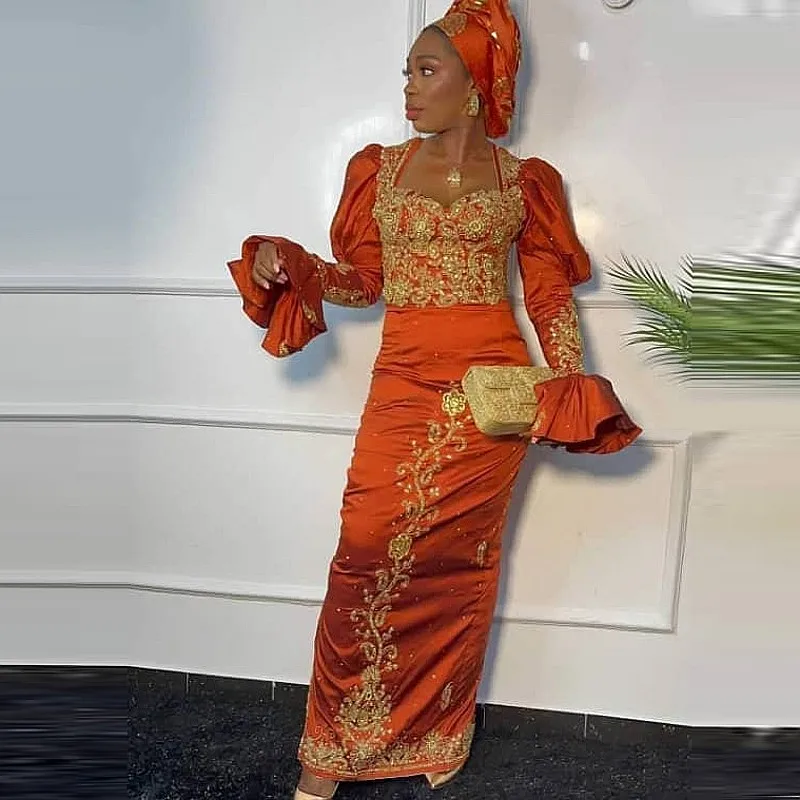 Robe de Soirée de Forme Sirène en Dentelle Dorée pour Femme Africaine, Tenue de Bal Aso Ebi, à Manches sulf, avec des Appliques de Perles et des Sequis, Tenue d'Anniversaire