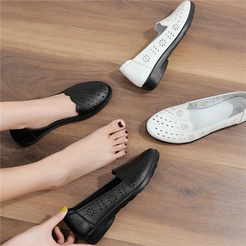 HOVING Spring Autumn Leather Flat Shoes Women Casual Loafers Ballet Flats Shoes mother slip on summer shoes Ladies free