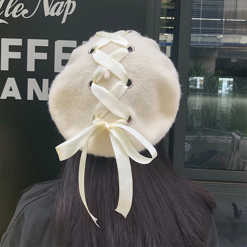 H3543 Women Wool Beret Hat Korean Harajuku Cross Bandage Bowknot Cap Autumn Winter Painter High Quality Fashion Strap Girl Hats