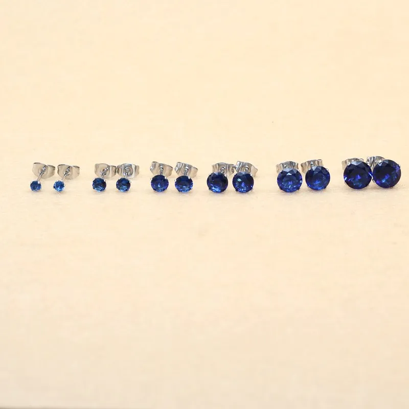 Brief 3 AAA Zircon Stud Earrings Round Royal Blue Crystal Jewelry With Stainless Steel Earring For Unisex Anti Allergy