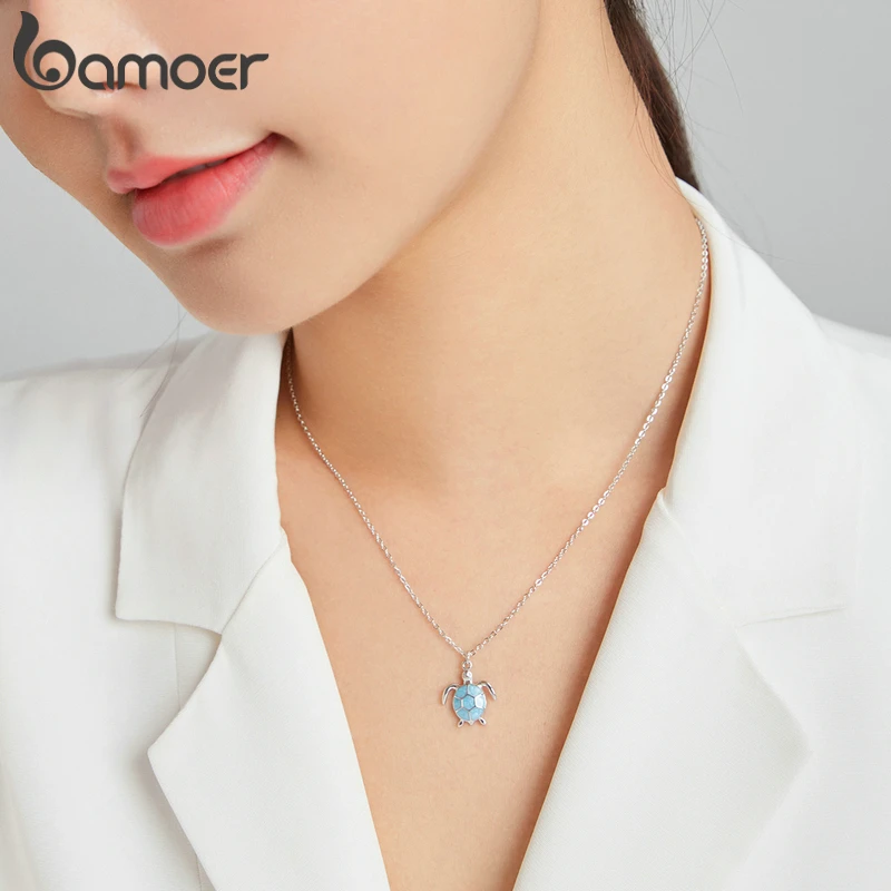 Bamoer 925 Sterling Silver Sky Blue Enamel Turtle Pendant Necklace Cute Animal Adjustable Necklace for Women Fine Jewelry SCN446