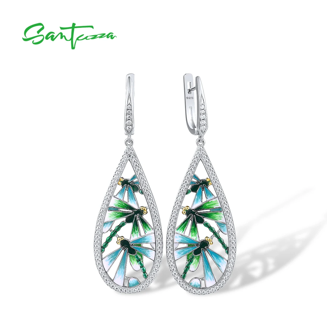 SANTUZZA 925 Sterling Silver Earrings For Women White CZ Green Enamel Dragonfly Oval Drop Earrings Trendy Fine Jewelry Handmade