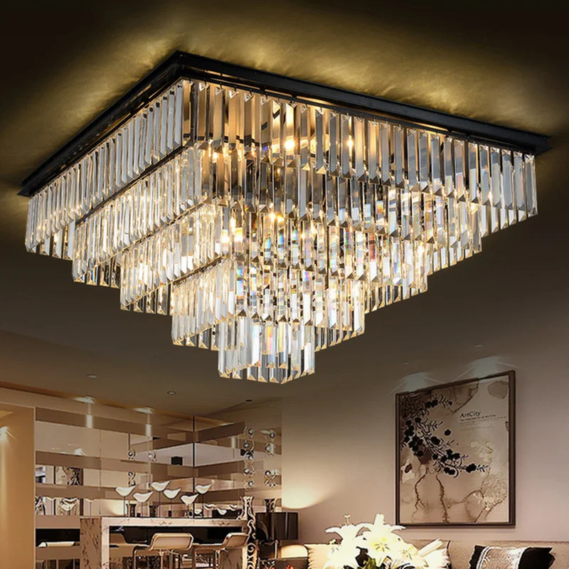 

Modern Square Crystal Chandelier Light Fixture Clear Crystal Suspension Lamp Good K9 Crystal Drop Lamparas for Living room Hotel
