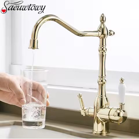 Filter Kitchen Faucet 360 ° Rotatble Hot And Cold Mixer Tap Faucet Double Handle Deck Mounted Kitchen Tap Black Basin Faucet