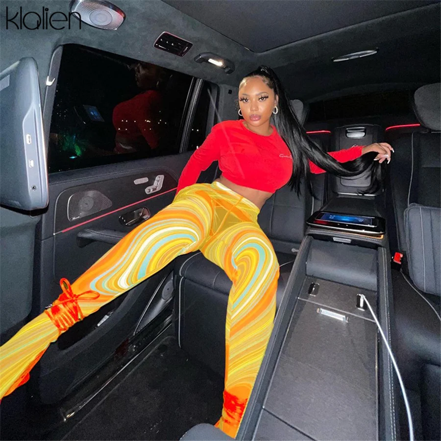 KLALIEN Print Mesh Foot Pants Women High Waist Skinny Body-shaping Leggings 2021 Fashion Sexy Casual Street Female Trousers