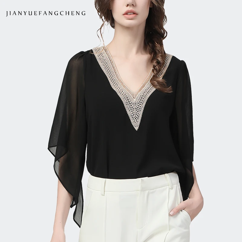 Fashion Summer Women Chiffon Blouse Irregular Cape Type Sleeves Black V-Neck Tops Loose Spliced Lace Edge Female Casual Tops 4XL