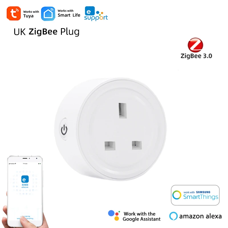 

Умное приложение ZigBee Tuya Smart Life, 16 А, штепсельная вилка стандарта Великобритании и США с разъемом, мини-переключатель для умных вещей, голосовое управление, Совместимость с Alexa Echo