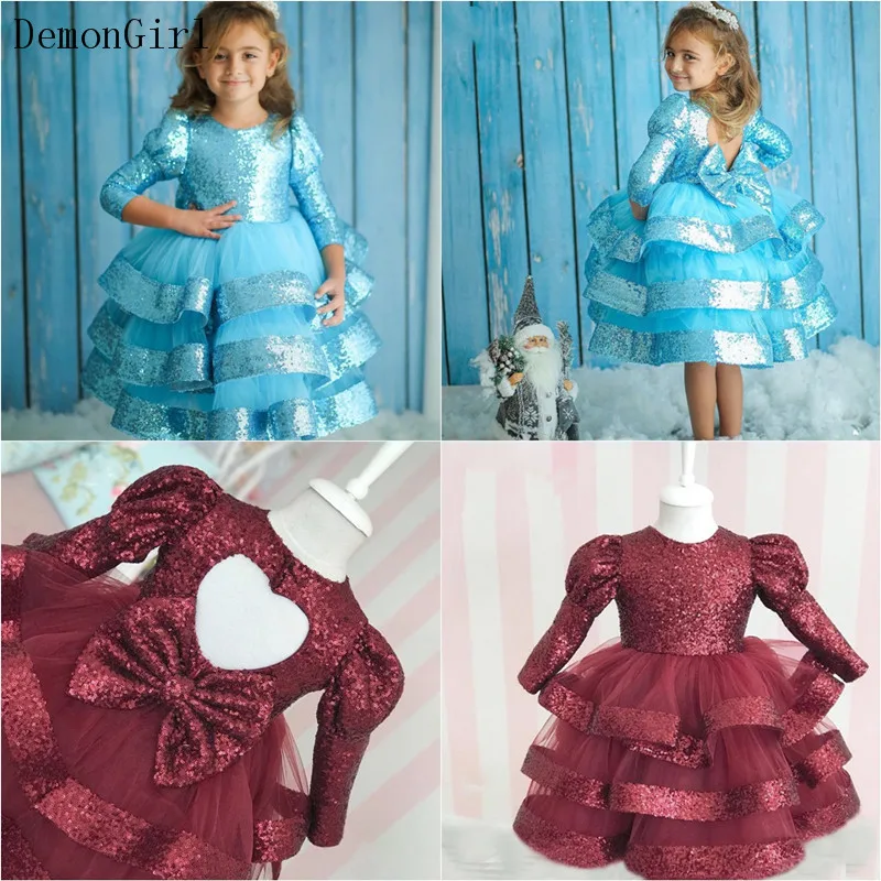 Glitter Sequined Princess Dress Long Sleeves Puffy Girls Birthday Dress Shiny Kids Party Gowns with Bow Photography