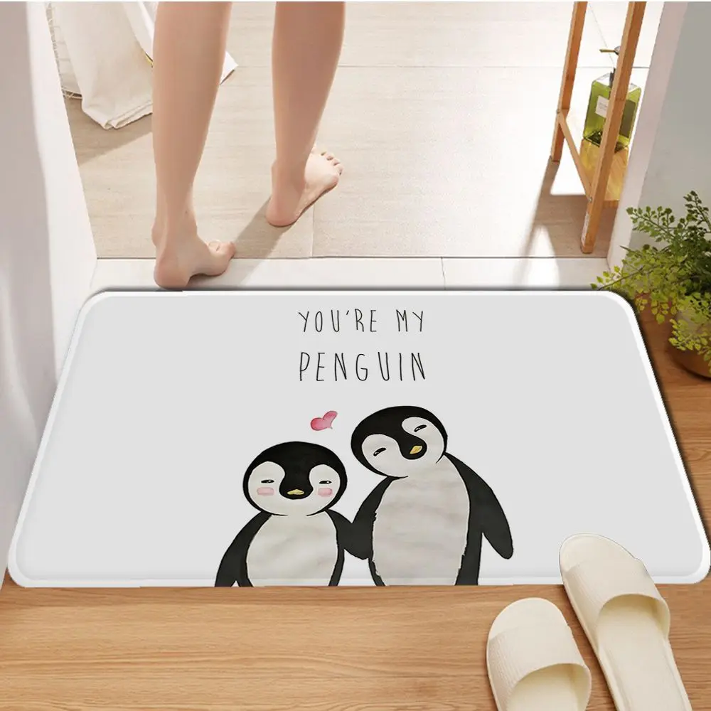 Cartoon Penguin Printed Flannel Floor Mat Bathroom Decor Carpet Non-Slip For Living Room Kitchen Welcome Doormat