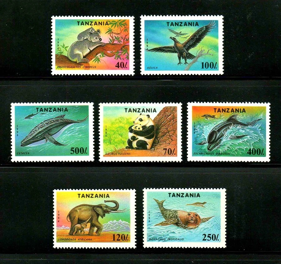 7Pcs/Set New Tanzania Post Stamp 1994 Wild Animals Panda Elephant Stamps MNH