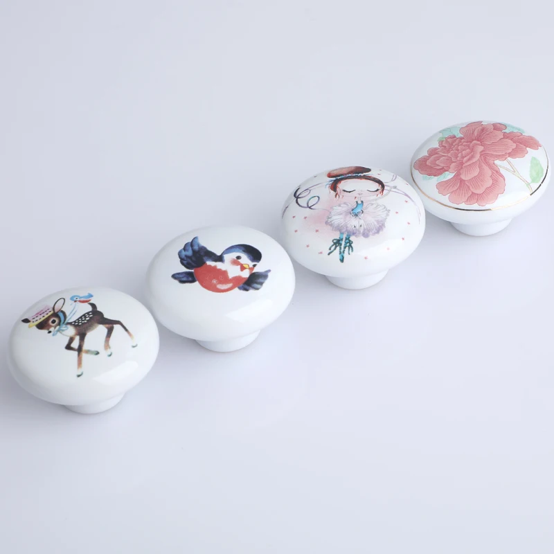 Cute cartoon children's room furniture handle bird beautiful girl flower Donkey drawer shoe cabinet tv cabinet ceramic knob pull