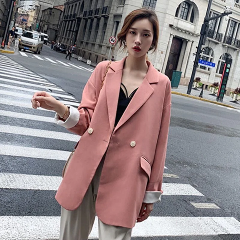 Towerke Autumn Fashion Women Casual Loose Blazer Jackets Work Business Suit Coat Vintage Double Breasted Office Lady Long Blazer