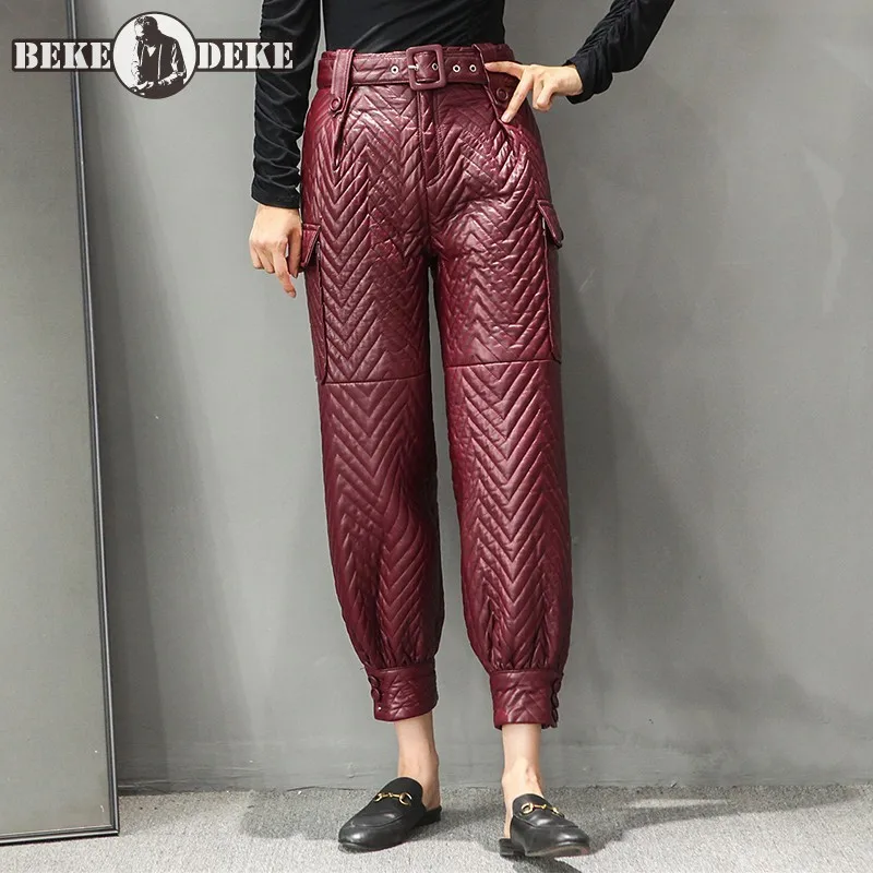 Women Pants 100% Genuine Sheep Leather Belt High Waist Trousers Winter Thicken Casual Elegant Harem Pants Sweatpants Trousers