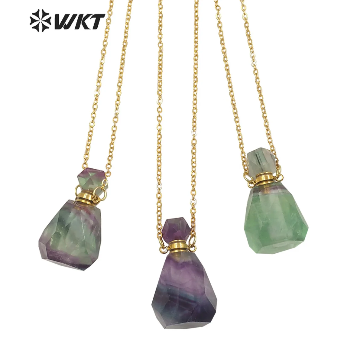 WT-N1312 Amazing Gorgeous rainbow Fluorite perfume bottle necklace Hand carved faceted fluorite essencial oil stone bottle