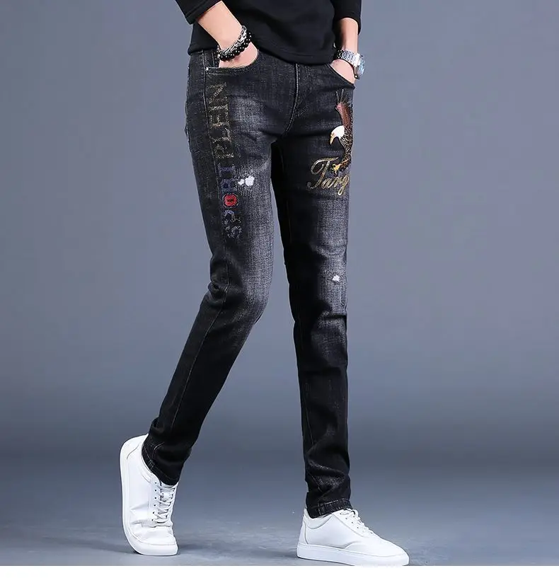 Korea Version Men’s Noble Black Jeans, High Quality Slim Stretch Jeans,Light Luxury Eagle Embroidery Jeans, Sexy Ripped Jeans;